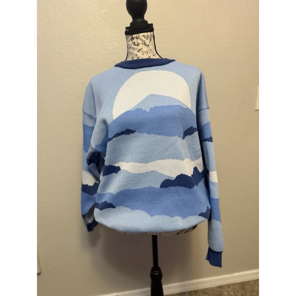 Daisy Street Women's Blue White Crewneck Knit Landscape Pullover Sweater L